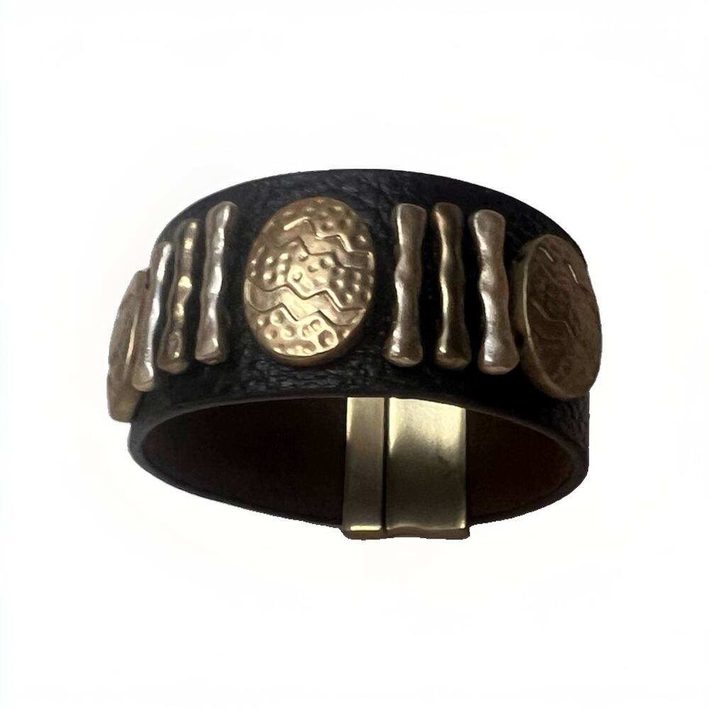 Italian Leather Bangle Cuff Bracelet Medallion Brown Inlay Handmade